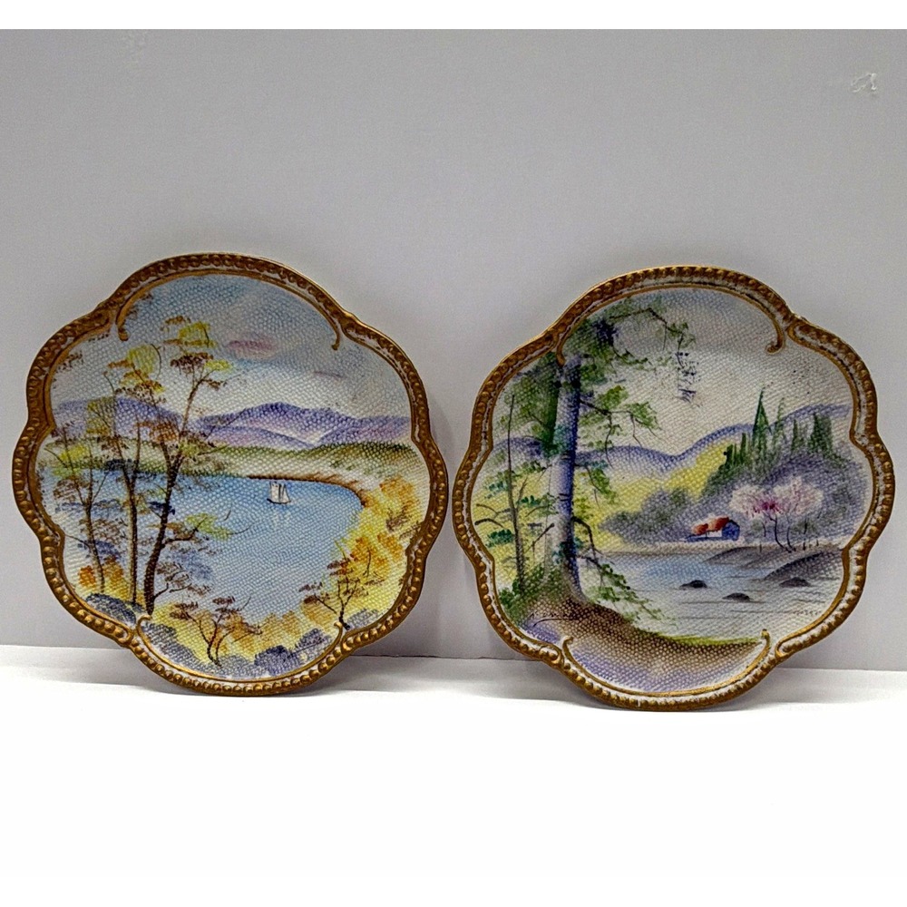 Japanese Hand Painted Tapestry Cabinet/Hanging Plate 7.5" Lake Scene Gold Trim